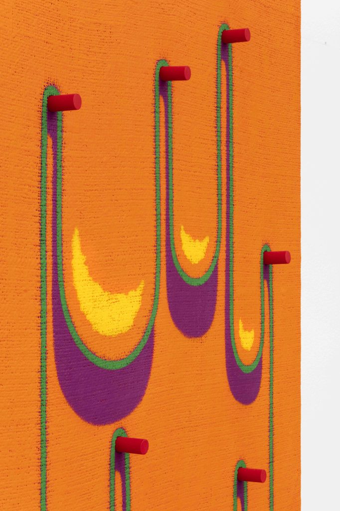 Dianna Molzan, <i>Orange Sags</i>, 2023 </br> oil on jute with wooden dowels
</br> (detail)