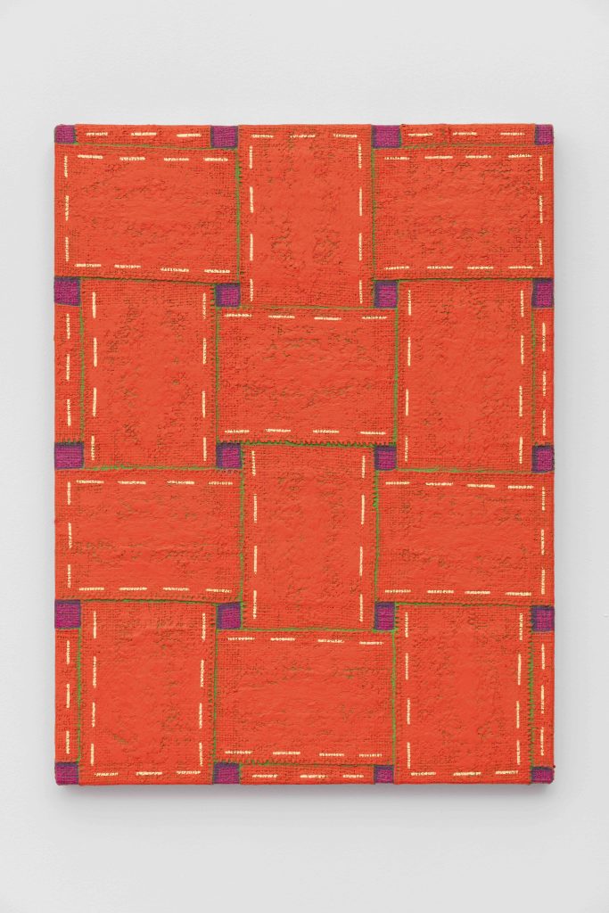 Dianna Molzan, <i>Orange Stiches</i>, 2023 </br> oil on jute
</br> 61 x 45,5 x 4,5 cm / 24 x 18 x 1.8 in