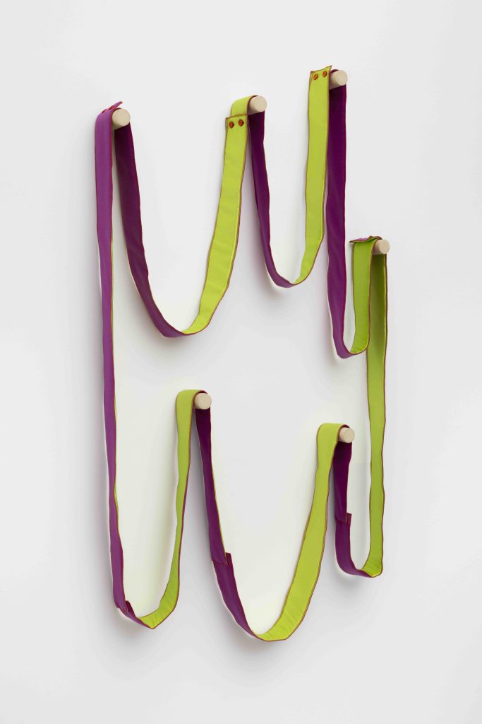 Dianna Molzan, <i>Orange Sags (belief)</i>, 2023 </br> silk, wool, wooden dowels, acrylic</br> 112 x 94 x 13 cm / 44 x 37 x 5 in