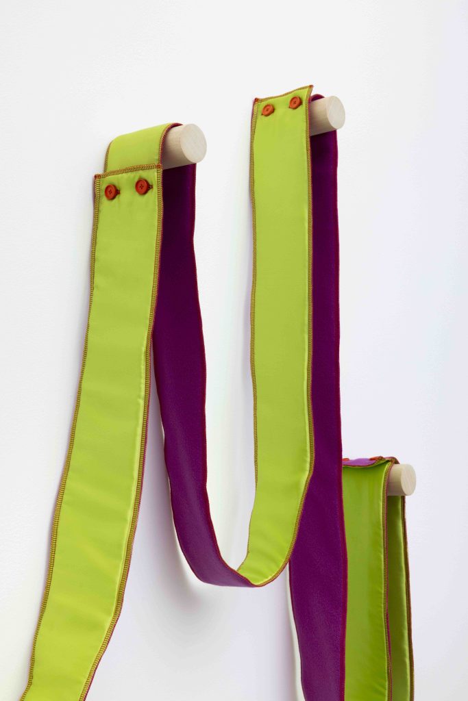 Dianna Molzan, <i>Orange Sags (belief)</i>, 2023 </br> silk, wool, wooden dowels, acrylic</br> (detail)