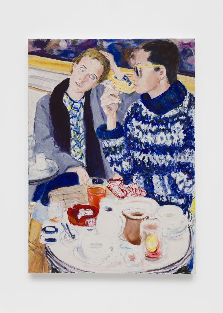 Billy Sullivan, <i> Amy and Carol, Deux Magots </i>, 2023 </br> oil on linen </br> 106,7 x 76,2 cm / 42 x 30 in