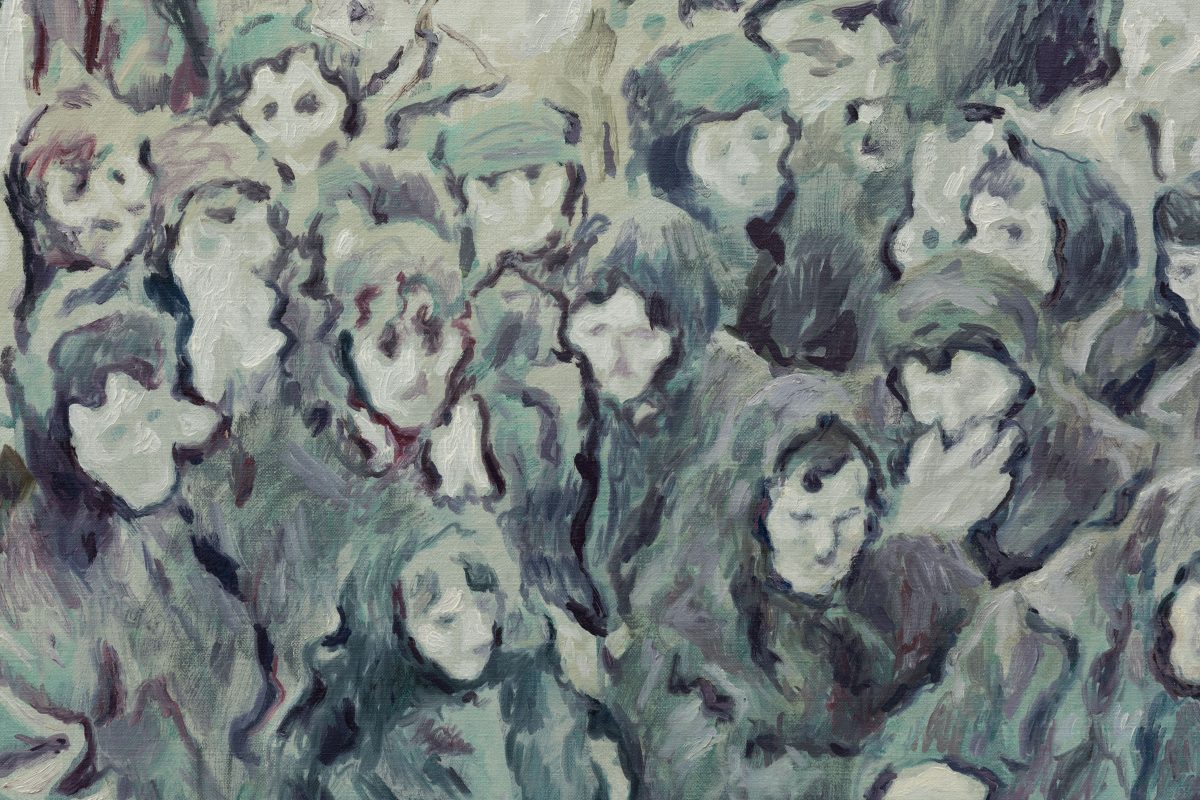 Adrian Paci, <i>Mourners</i>, 2023 </br> oil on canvas </br> 93.5 x 123.5 x 4 cm / 36.8 x 48.6 x 1.6 in
