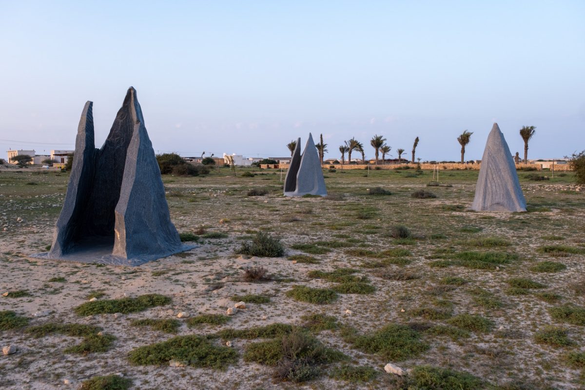 Simone Fattal, <i>Marqam I, Marqam II, Marqam III</I>, 2023</br>
installation view, Qatar Museums, Al Zubarah</br>