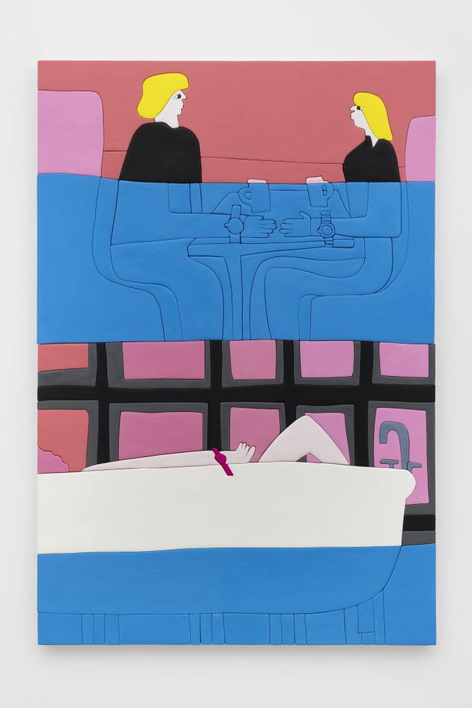 <i>bathtub cafè</i>, 2024 </br>
wood, aqua resin and casein</br>
150 x 101,5 cm / 59 x 40 in