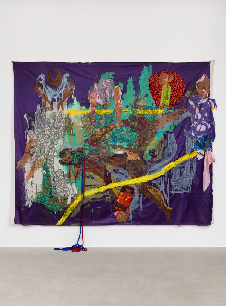 <i>The unrest of movado</i>, 2024 </br>
acrylic paint, acrylic transfer, bra straps, satin, a wig and lace on canvas</br>
212 x 268 cm / 83.5 x 105.5 in
