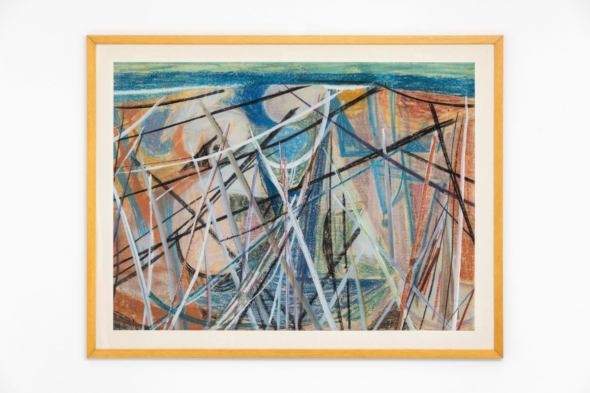 <i>festa sul mare</i>, 1952 </br>
colored pastel and tempera on paper</br>
73 x 94 x 1.5 cm / 28.7 x 37 x 0.5 in