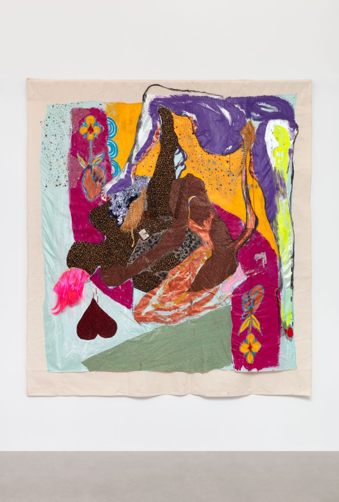 <i>Unsupervised</i>, 2025 </br>
acrylic, wigs and mixed fabrics on canvas</br>
196 x 177 cm / 77 x 70 in
