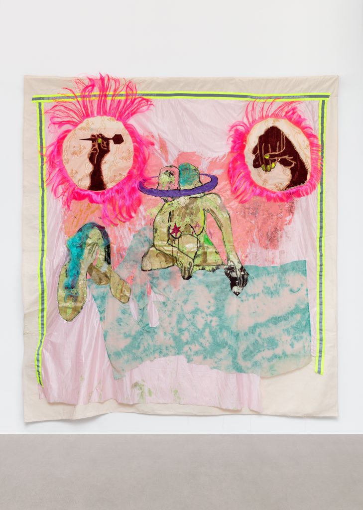 <i>Nyika yenyama nemweya (The Universe of Flesh and Spirit)</i>, 2025 </br>
acrylic, wigs and mixed fabrics on canvas</br>
230 x 216 cm / 90.5 x 85 in

