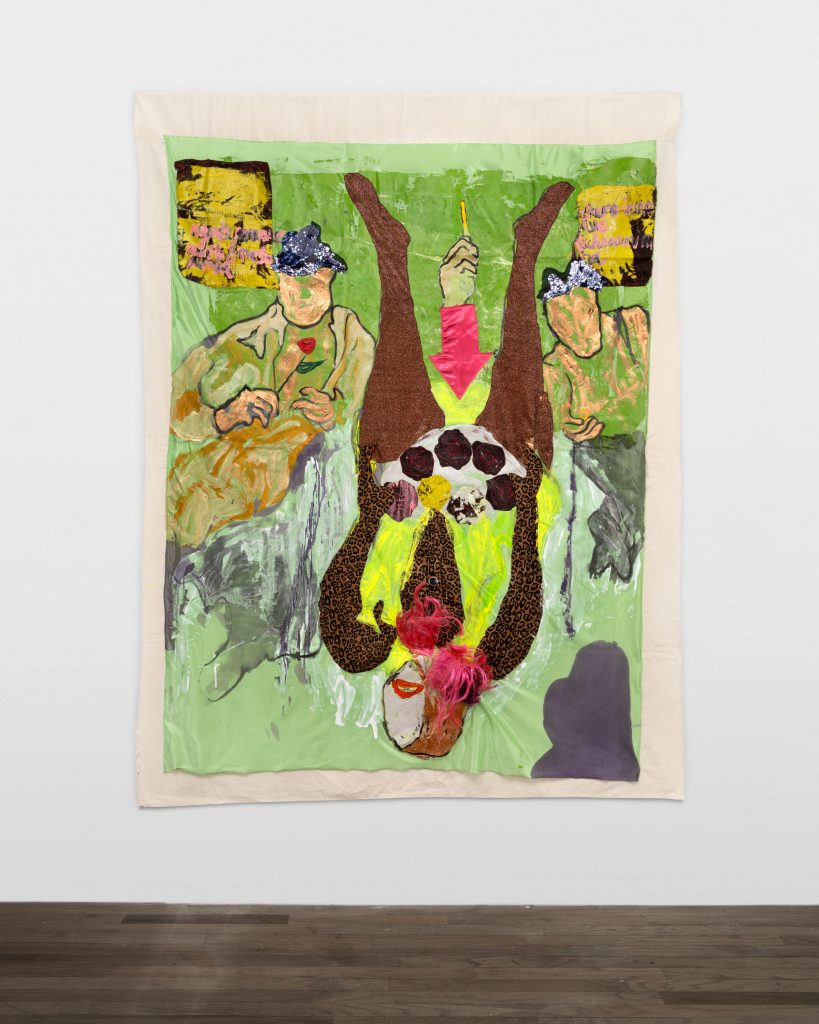 <i>Sarura wako (The Choice is Yours)</i>, 2025 </br>
acrylic, wig and mixed fabric on canvas</br>
210 x 160 cm / 82.5 x 63 in