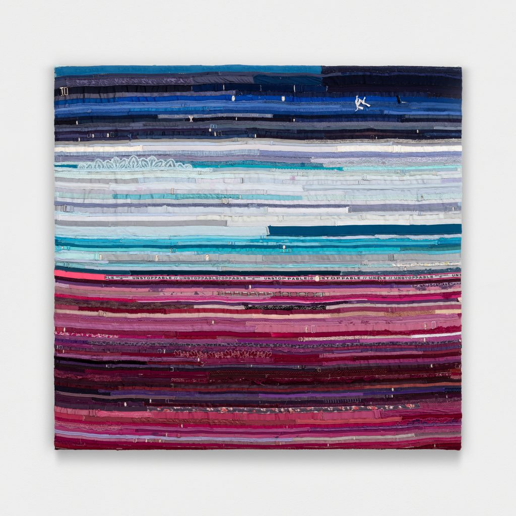 <i>A Risk for a Safe Space</i>, 2025 </br>
bra straps on canvas</br>
131 x 131 cm / 48.5 x 51.5 in