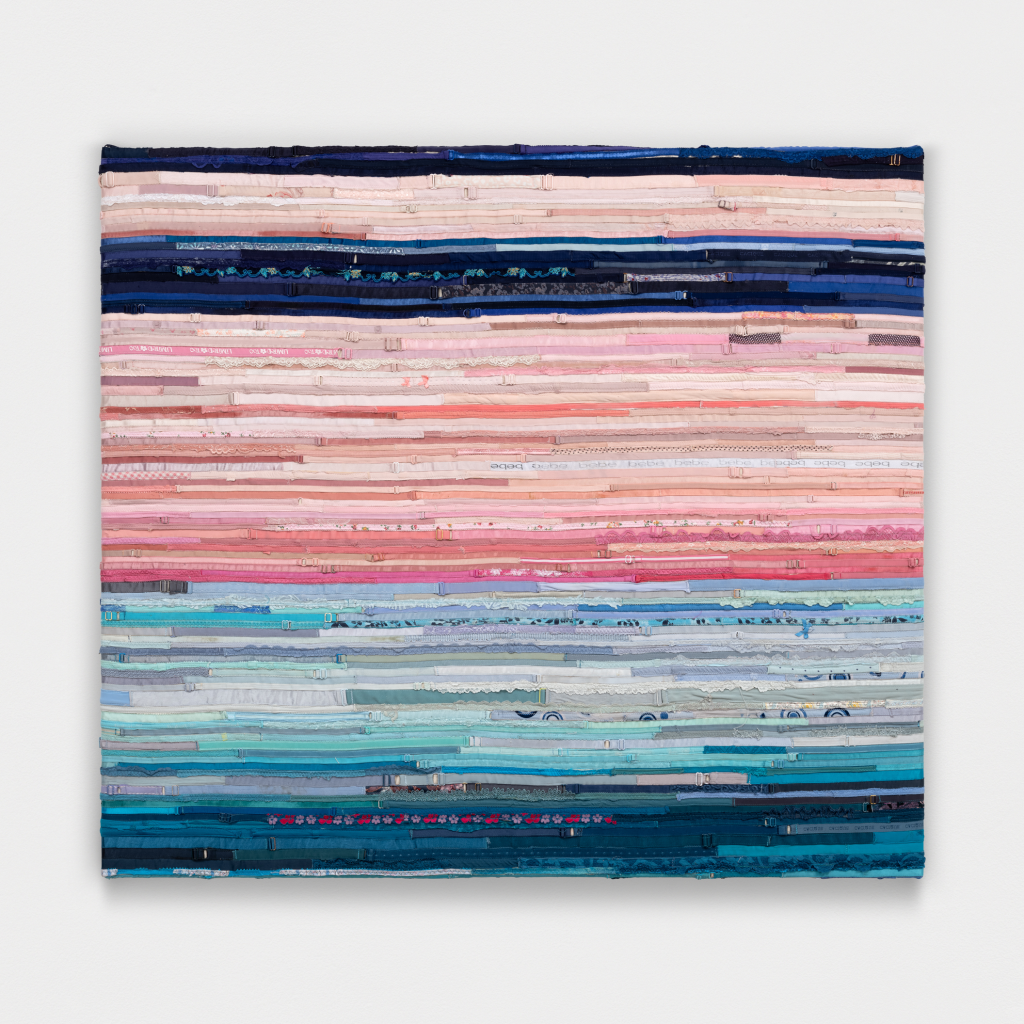 <i>Camps Bay</i>, 2025 </br>
bra straps on canvas</br>
123 x 138,5 cm / 48.5 x 54.5 in
