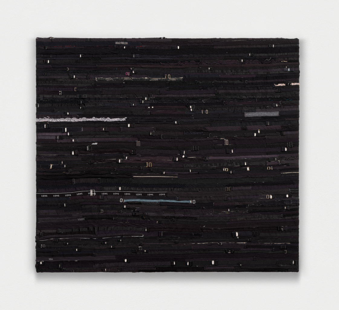 <i>Goth Era</i>, 2025 </br>
bra straps on canvas</br>
123 x 138,5 cm / 48.5 x 54.5 in