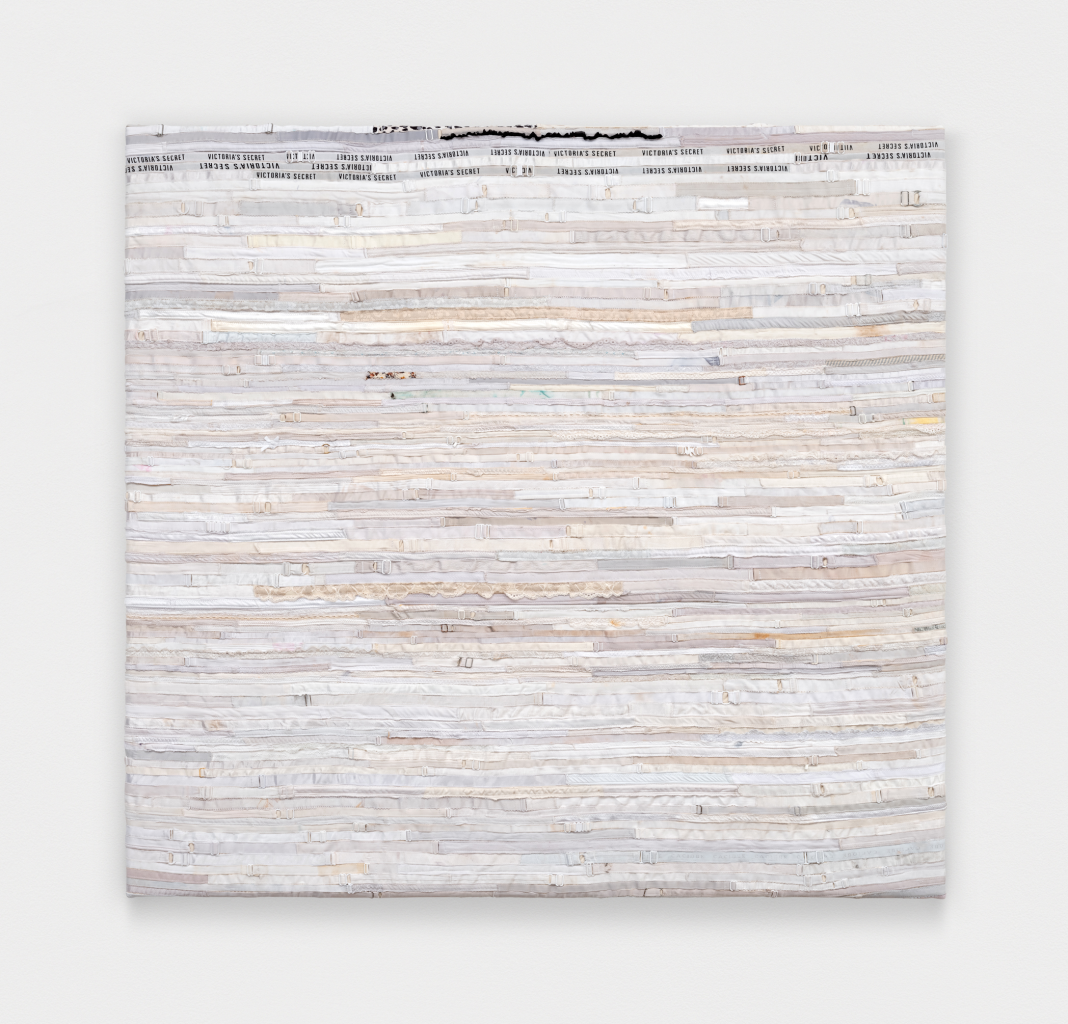 <i>Kugeza nemukaka (To Bathe in Milk)</i>, 2025 </br>
bra straps on canvas</br>
123 x 131 cm / 48.5 x 51.5 in