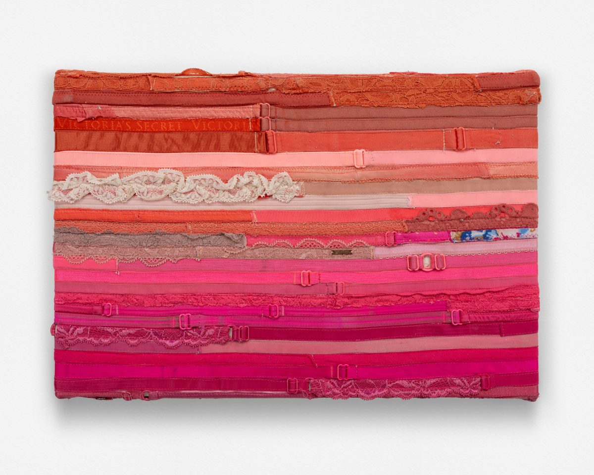 <i>Sherbert</i>, 2025 </br>
bra straps on canvas</br>
31 x 46,5 cm / 12.2 x 18.2 in