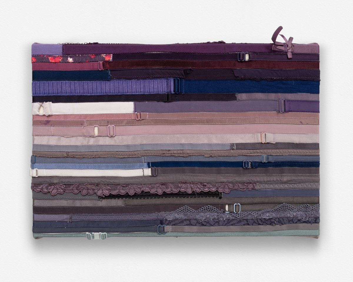 <i>Amethyst</i>, 2025 </br>
bra straps on canvas</br>
31 x 46,5 cm / 12.2 x 18.2 in