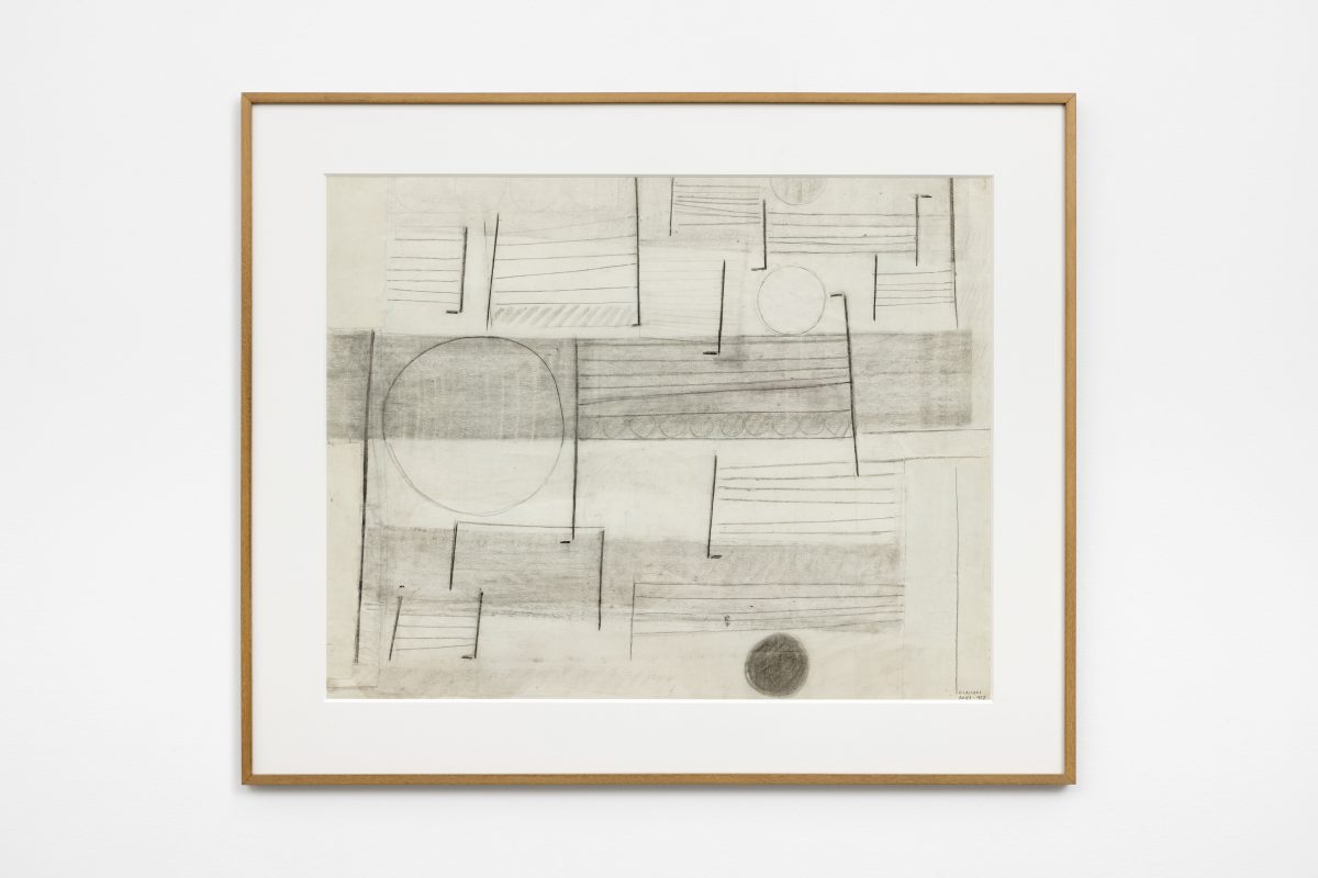 <i>senza titolo</i>, 1957 </br>
carbon and collage on paper</br>
66,5 x 80 x 2,5 cm / 26.1 x 31.5 x 1 in