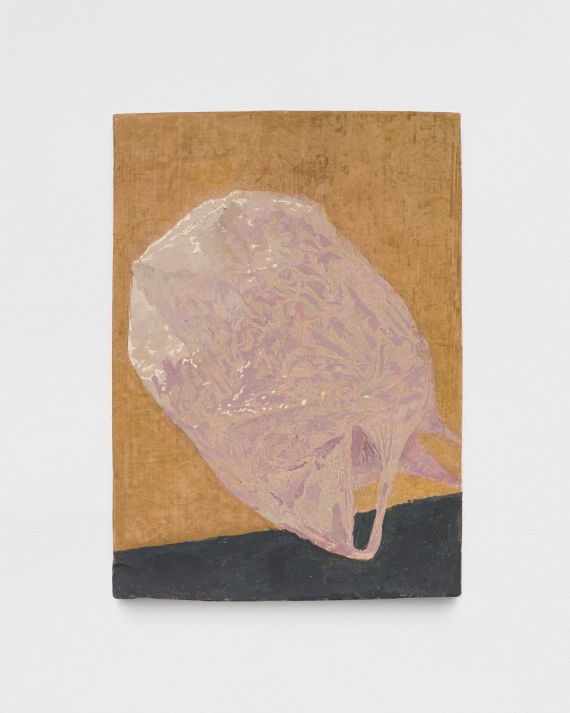 <i>plastic bag,</i> 2003</br>
oil on paper mounted on wood </br> 30 x 21,5 x 1,7 cm / 11.8 x 8.5 x 0.7 in