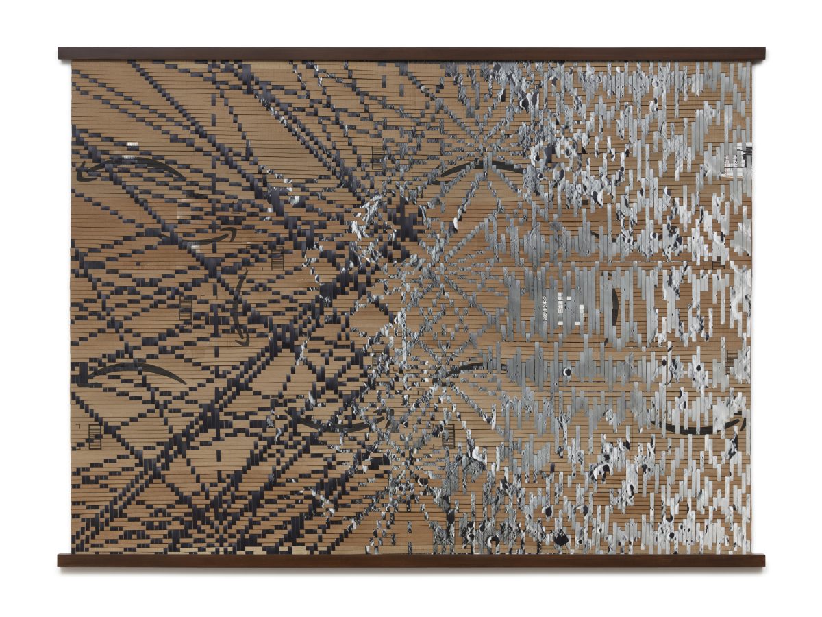 <i>Future Geography: Jezero Crater, Mars</i>, 2021</br>Amazon.com delivery boxes, archival inkjet print with matte lamination, wood</br>
152 x 216 x 4 cm / 60 x 84 x 1.5 in>