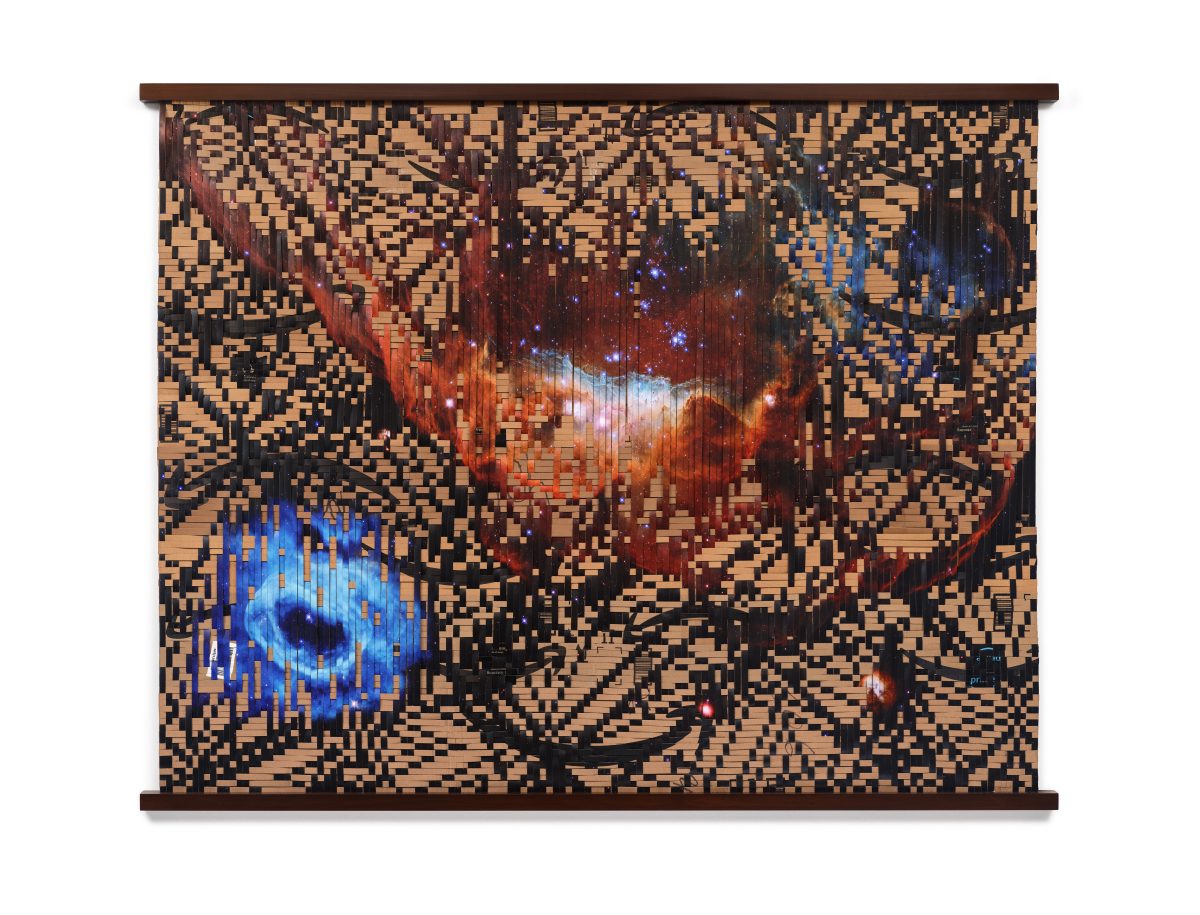 <i> Future Geography: Tapestry of Blazing Starbirth</i>, 2023
</br> Used Amazon.com delivery boxes, archival inkjet print on photo paper with lamination, wood>