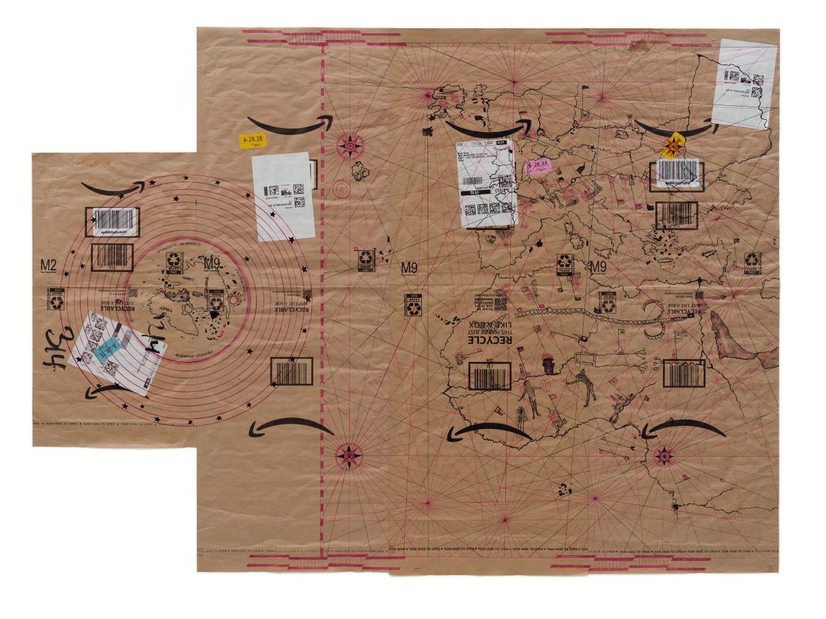 <i>Facsimile of Christopher Columbus's Disputed Portolan Chart, World Map, Fifteenth Century</i>, 2023</br>Archival ink on used Amazon.com delivery envelopes</br>
97 × 133.4 cm / 38.2 x 52.5 in>