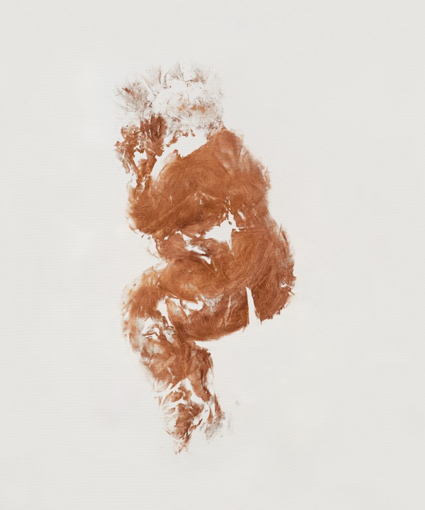 <i>Mortalha para Deméter / Shroud for Demeter</i>, 2025</br>makeup foundation on canvas</br>
190 x 165 x 3 cm / 75 x 65 x 1 in>