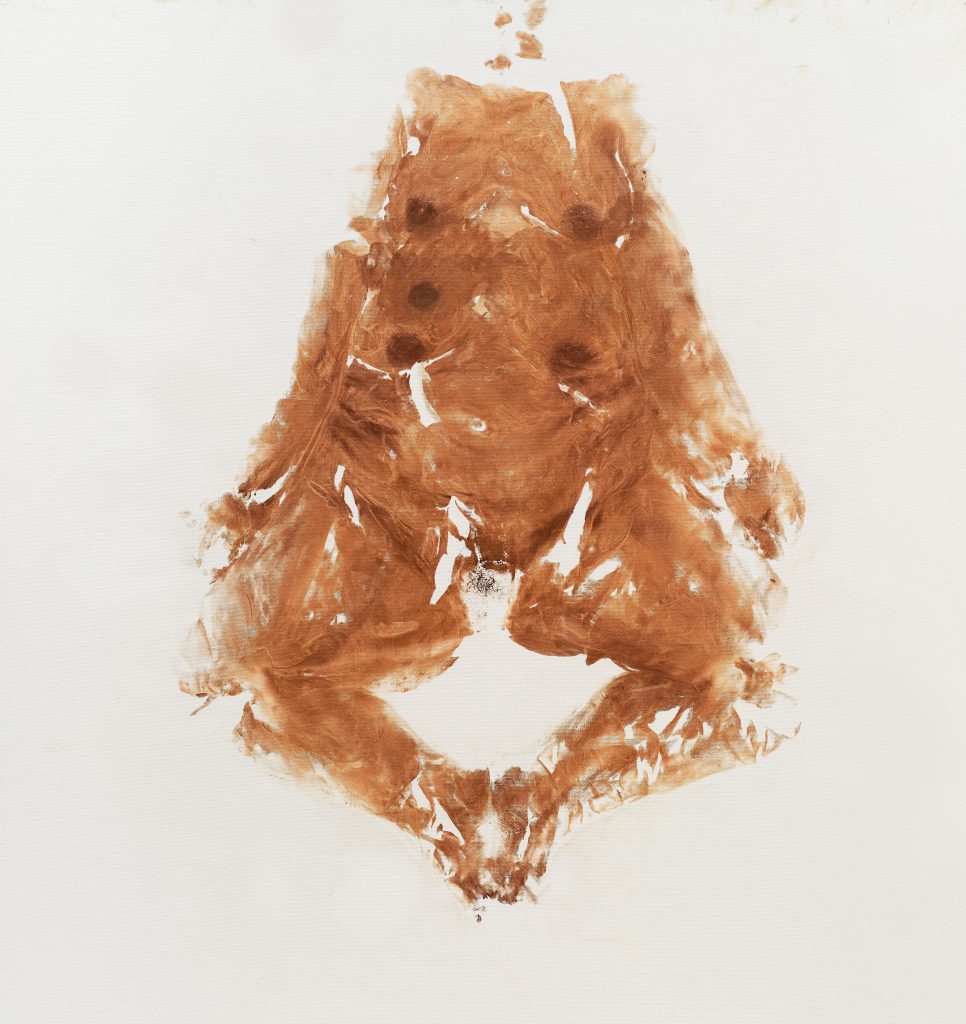 <i>Mortalha para Ártemis / Shroud for Artemis</i>, 2025</br>makeup foundation on canvas</br>
185 x 165 x 3 cm / 73 x 65 x 1 in>