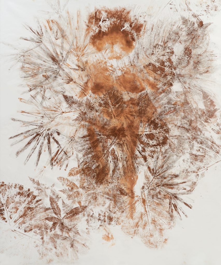 <i>Mortalha para Gaia / Shroud for Gaia</i>, 2025</br>makeup foundation on canvas</br>
200 x 165 x 3 cm / 78.7 x 65 x 1 in>