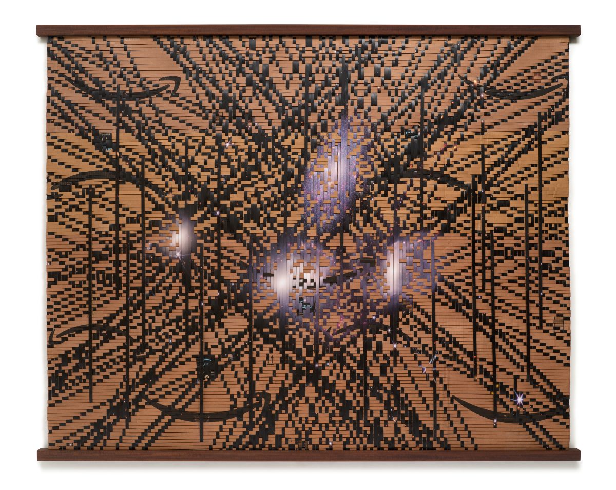 <i>Future Geography: The Five Galaxies of Stephan’s Quintet</i>, 2022</br>Used Amazon.com delivery boxes, archival inkjet print on photo paper with lamination, wood</br>
167.6 × 202 × 3.8 cm / 66 × 79.5 × 1.5 in>