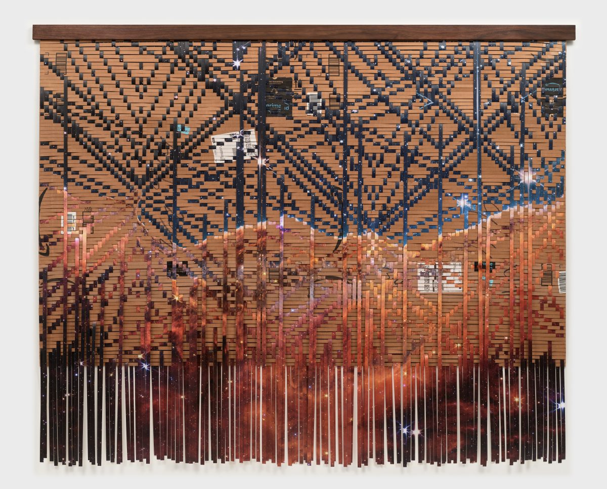 <i>Future Geography: Cosmic Cliffs</i>, 2023</br>Used Amazon.com delivery boxes, archival inkjet print on photo paper with lamination, walnut</br>
152.4 × 181.6 × 2.5 cm / 60 × 71.5 × 1 in>