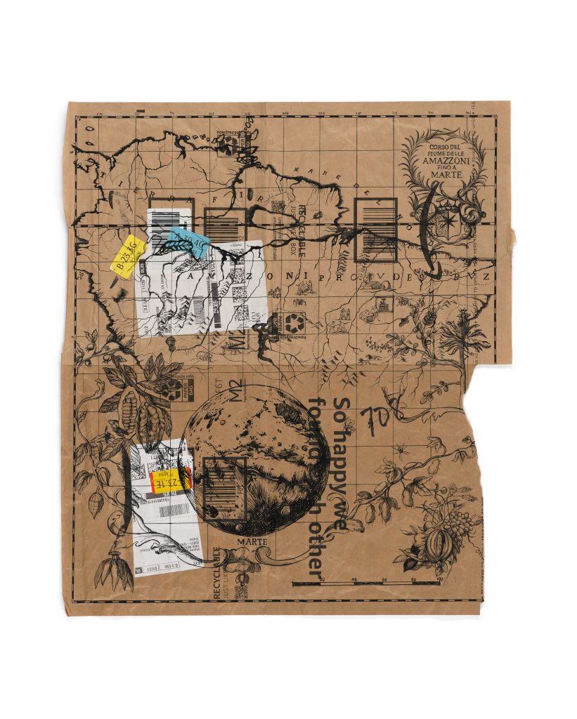 <i>Course of the Amazon River to Mars</i>, 2023</br>Archival ink on used Amazon.com delivery envelopes</br>
60 x 52 cm / 23.6 × 20.5 in>
