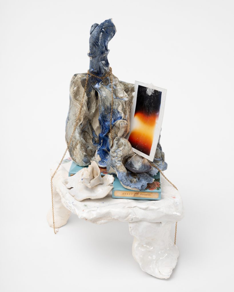 <i>Boudoir Blurry,</i> 2025</br>
glazed ceramic, film with the presence of salt, Chinese cigarettes 555, </br> mussel shell from Normandy, gold chain, white ceramic rose</br> 34 x 24 x 22 cm / 13.4 x 9.5 x 8.7 in