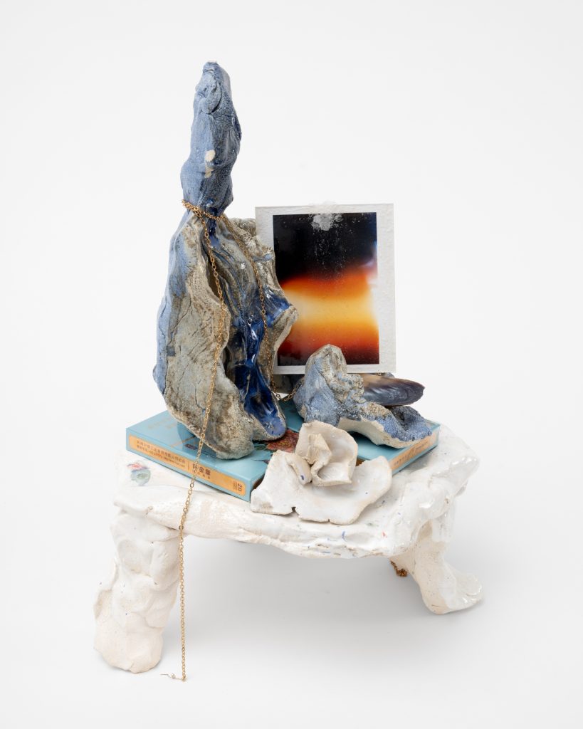 <i>Boudoir Blurry,</i> 2025</br>
glazed ceramic, film with the presence of salt, Chinese cigarettes 555, </br> mussel shell from Normandy, gold chain, white ceramic rose</br> 34 x 24 x 22 cm / 13.4 x 9.5 x 8.7 in