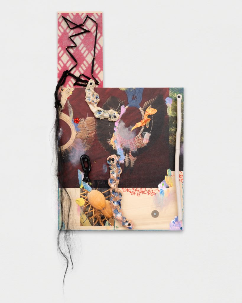 <i>Safe space for a passing History_Yanomami,</i> 2023</br>
plywood, UV print, collage, painting, oil pastel, kauri shells, gems, clay, key, </br>silicon, marker, brass rings, synthetic hair, brass nails, coin and more significant objects</br> 84 x 38 x 7 cm / 33 x 15 x 2.75 in