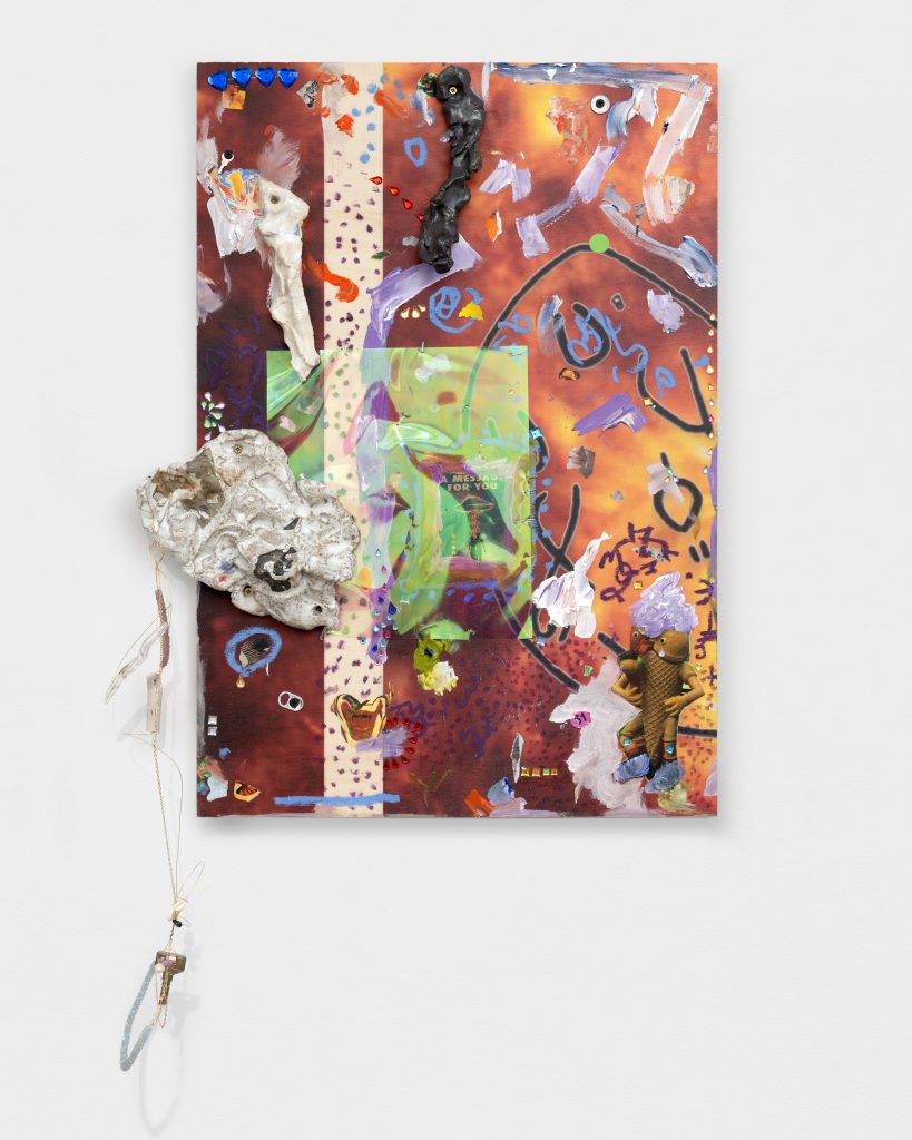 <i>Safe Space for a passing History_I have a message for you: smile,</i> 2025</br>
plywood, UV print, collage, painting, oil pastel, kauri shells, gems, clay, key, staples, </br>coin, can opener, chain, kauri shells, fresh water pearl, melted plastic, dichroic film and more significant objects</br> 96,5 x 50 x 14 cm / 38 x 19.7 x 5.5 in