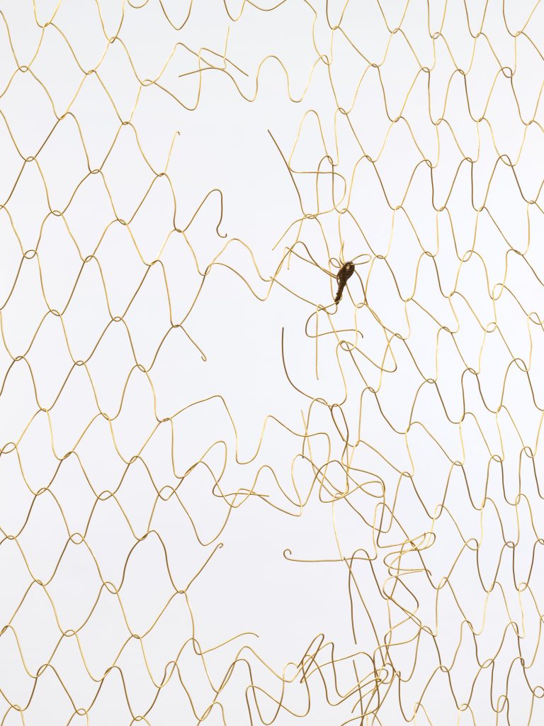 <i>Corps étherique,</i> 2023</br>
handcrafted brass wire, keys, locks, butterfly and ladybug charms, </br>water bottle, cola bottle, zip tie, madonna pendant</br> 900 x 110 cm / 354.3 x 43.3 in