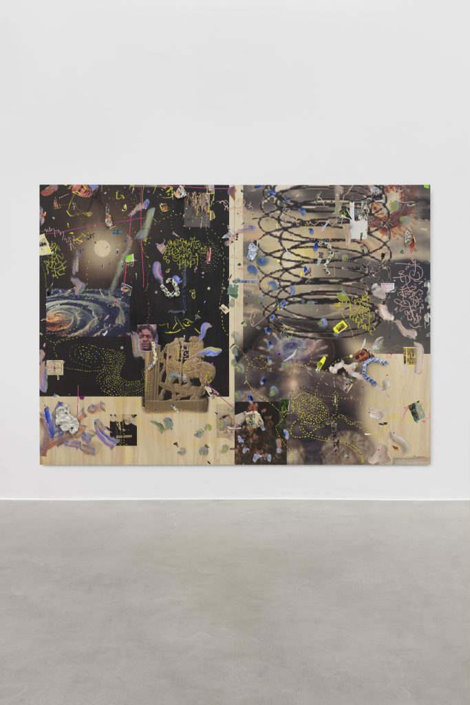 <i>Safe Space for a passing History-Ere du Verseau 999 (Long Story First)</i>, 2024-2025 </br>
plywood, UV print, collage, paint, oil pastel, precious stones, ceramic, coins, more significant objects</br>diptych, overall: 220 x 306 cm / 86.6 x 120.5 in</br>each panel: 220 x 153 cm / 86.6 x 60.2 in
