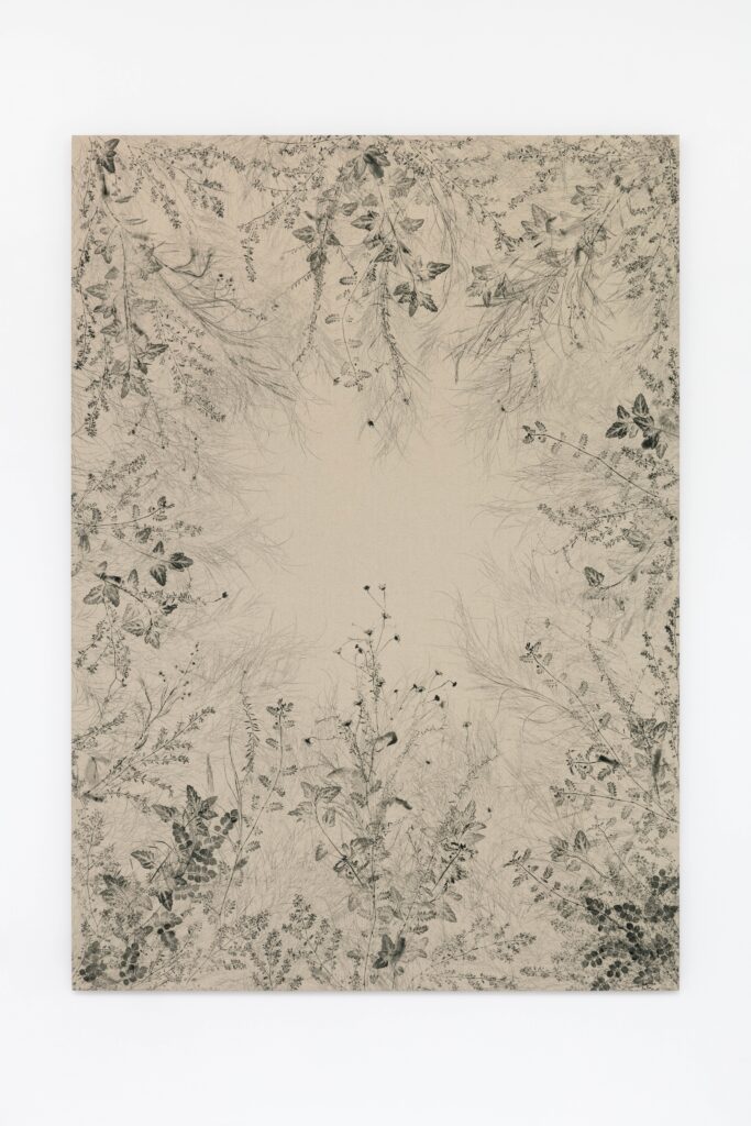 <i>Piante vagabonde: grasses and ground cover, Studio back alley, Los Angeles</i>, 2026 </br>
oil-based printing ink on canvas</br>
150 x 106 x 5 cm / 59.1 x 41.7 x 2 in