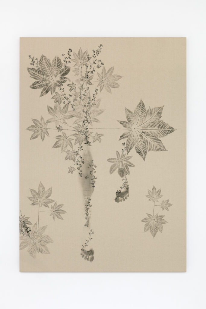 <i>Piante vagabonde: Castor-oil plant, Downtown, Los Angeles</i>, 2026 </br>
oil-based printing ink on canvas</br>
150 x 106 x 5 cm / 59.1 x 41.7 x 2 in