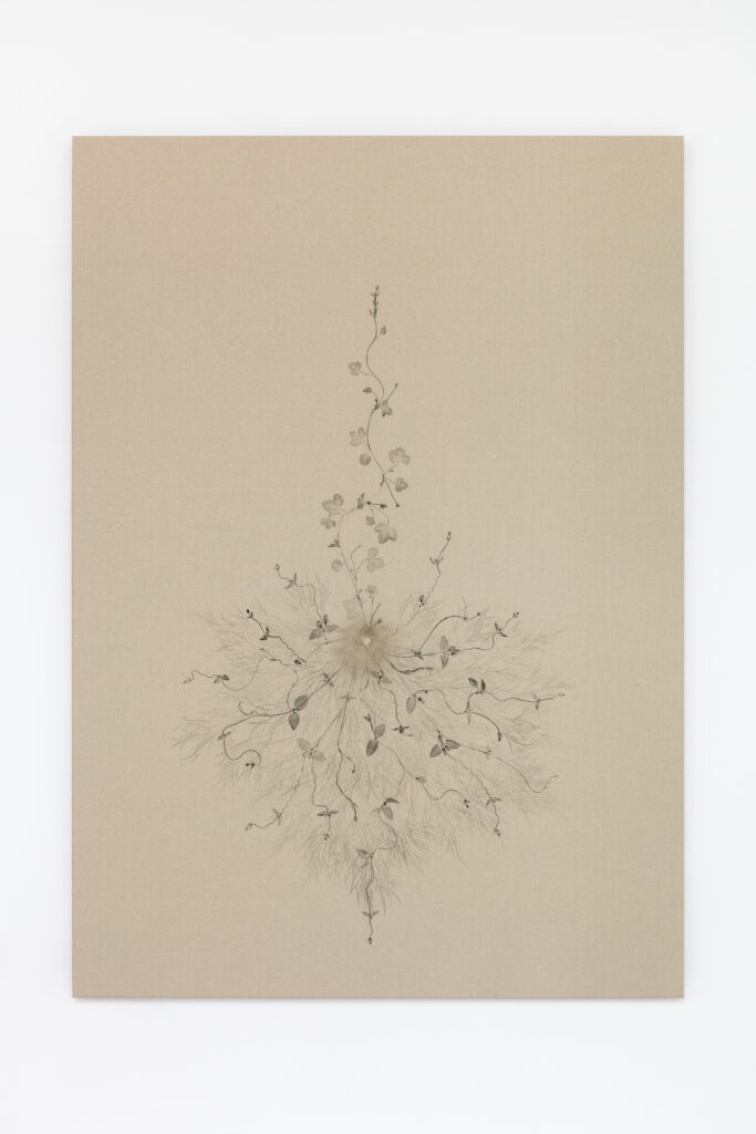<i>Piante vagabonde: wild strawberry and blackeyed susan vine, Alameda Steet, Los Angeles</i>, 2026 </br>
oil-based printing ink on canvas</br>
150 x 106 x 5 cm / 59.1 x 41.7 x 2 in