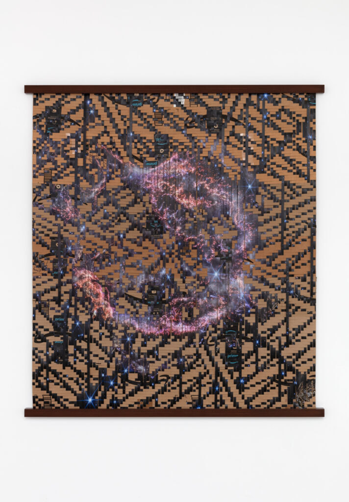<i>Future Geography: Cassiopeia A Supernova</i>, 2024 </br>
used Amazon.com delivery boxes, archival inkjet print on
photo paper with lamination, wood</br>
160 x 140 x 4 cm / 63 x 55 x 1.5 in