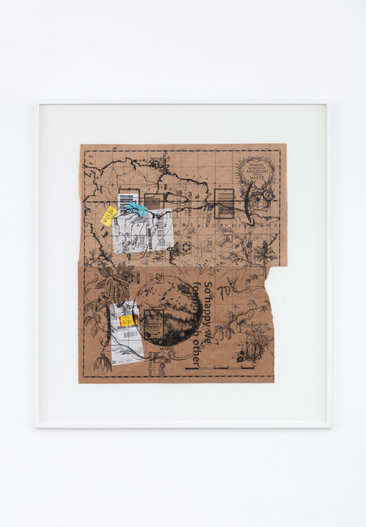 <i>Corso del fiume delle Amazzoni fino a Marte</i>, 2023</br>
archival ink on used Amazon paper envelopes</br>
81,3 x 74,4 x 3,8 cm / 32 x 29.3 x 1.5 in