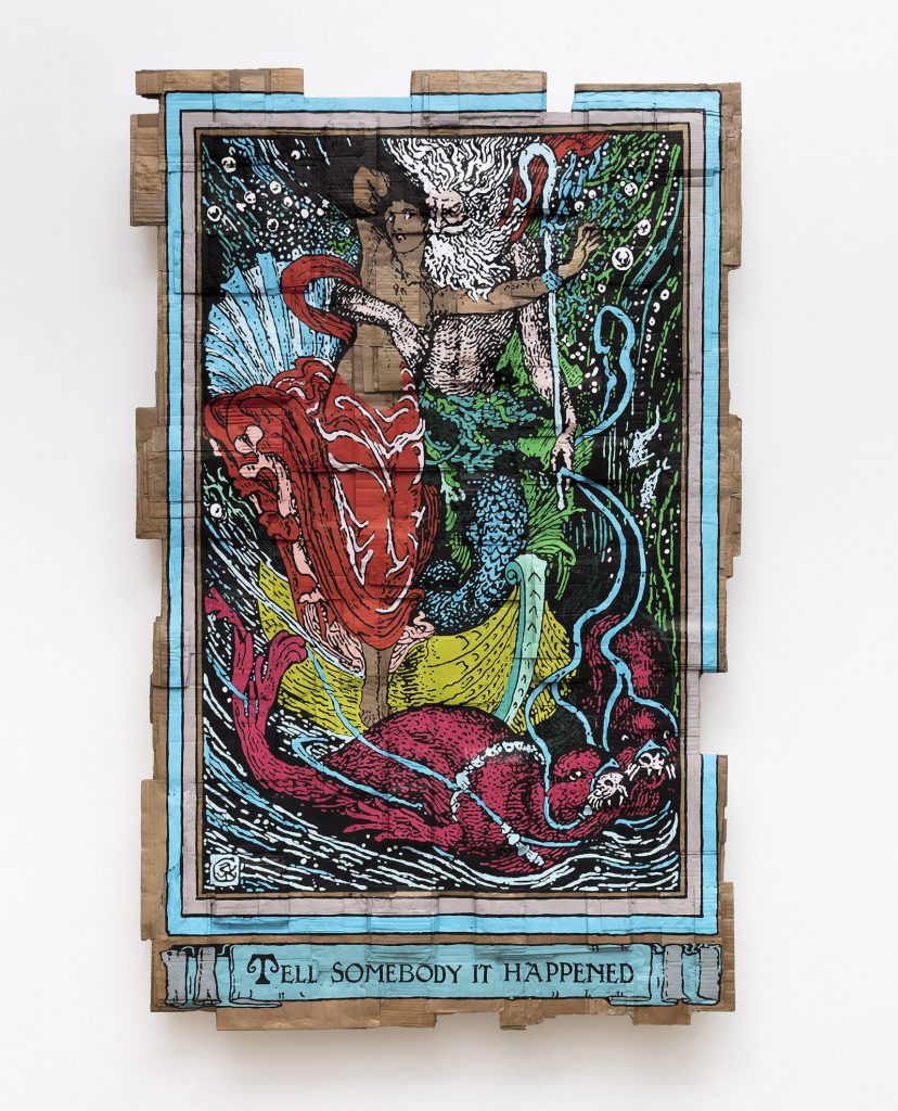 <i>tell somebody it happened, the god of the sea is a sexual harasser (originally from </br> 
“the faerie queene”, book iii, part vii, illustrated by walter crane, 1895 - 1897)</i>, 2019 
</br>
acrylic marker on cardboard, 188 x 122 x 14 cm / 74 x 48 x 5.5 in
>