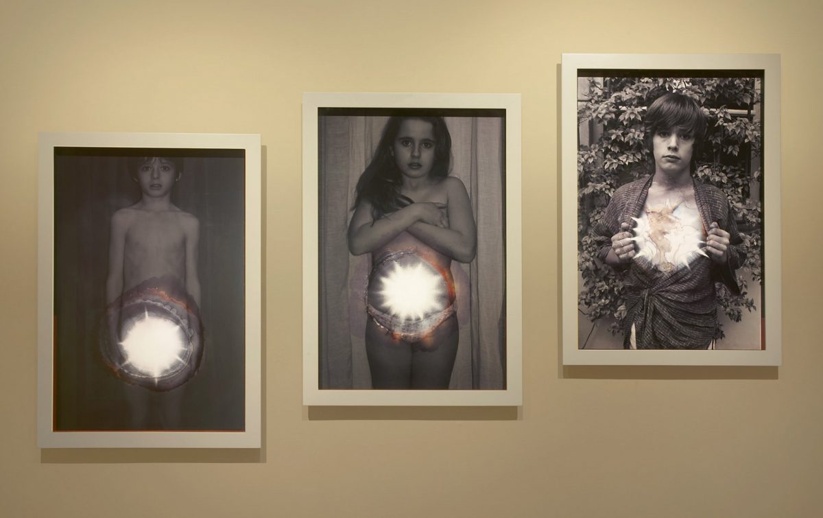 <I>morning</I>, 2011
</br>
photographs mounted on aluminium and rubbed with silver polish and vinegar, wood, glass, enamel paint
</br>
100 x 70 x 3 cm / 39.4 x 27.5 x 1.2 in>