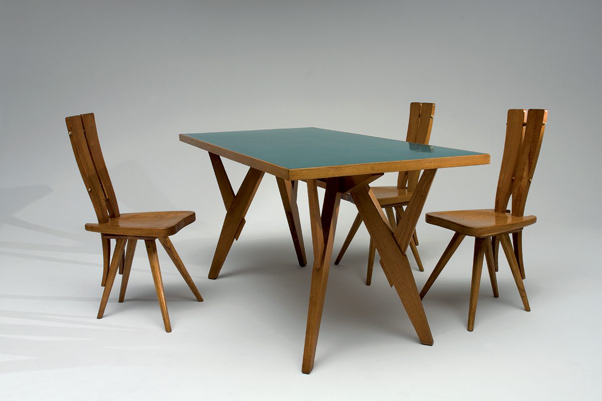 <I>table and chairs for casa del sole</I>, 1953
</br>
formica topped rectangular table, table: 80 x 160 x 79 cm / 31.4 x 62.9 x 31.1 in
</br>
chair: 38 x 47 x 94 cm / 14.9 x 18.5 x 37 in (each)
>