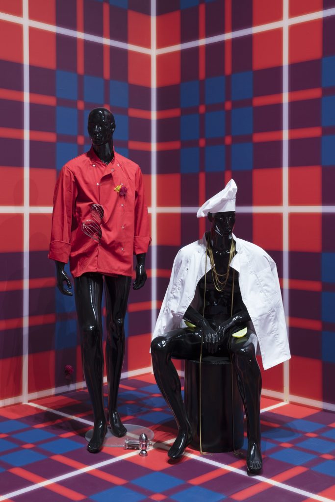 <i>Two Chefs</i>, 2019 
</br>
series of mannequins, various culinary items, clothing, red peppers
</br>
sweetcorn, lichen, dimensions variable
</br>
installation view, arsenale, 58th venice biennale, venice
>