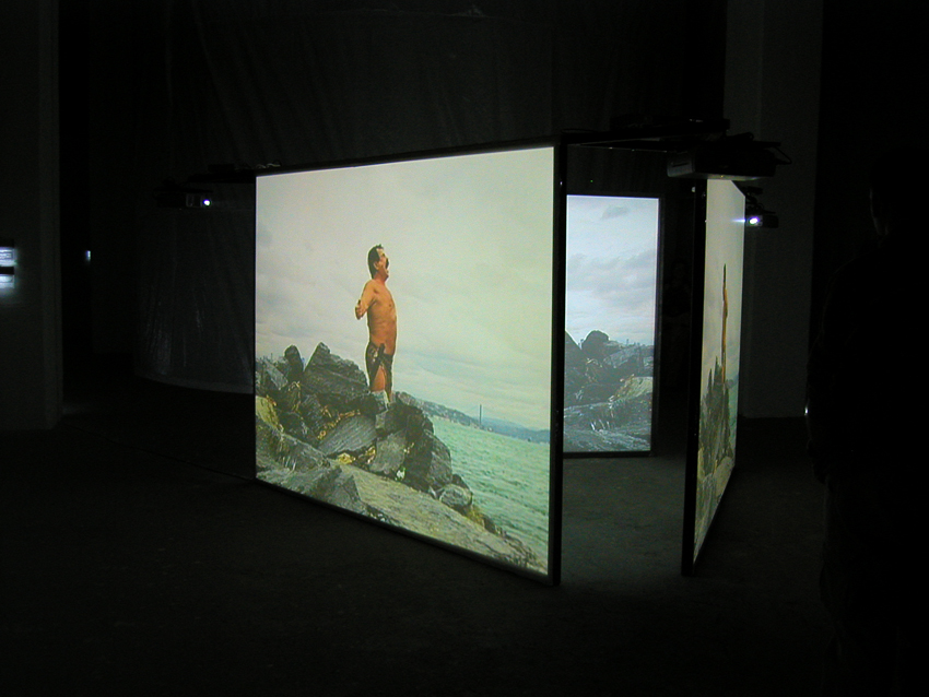 <i>triangulation remaking tarzan</i>, 2003
</br>
self standing triangular metal structure each side, video projectors, 3 dvd players and 3 rear-projection screen, 2,66 x 2,3 mt>