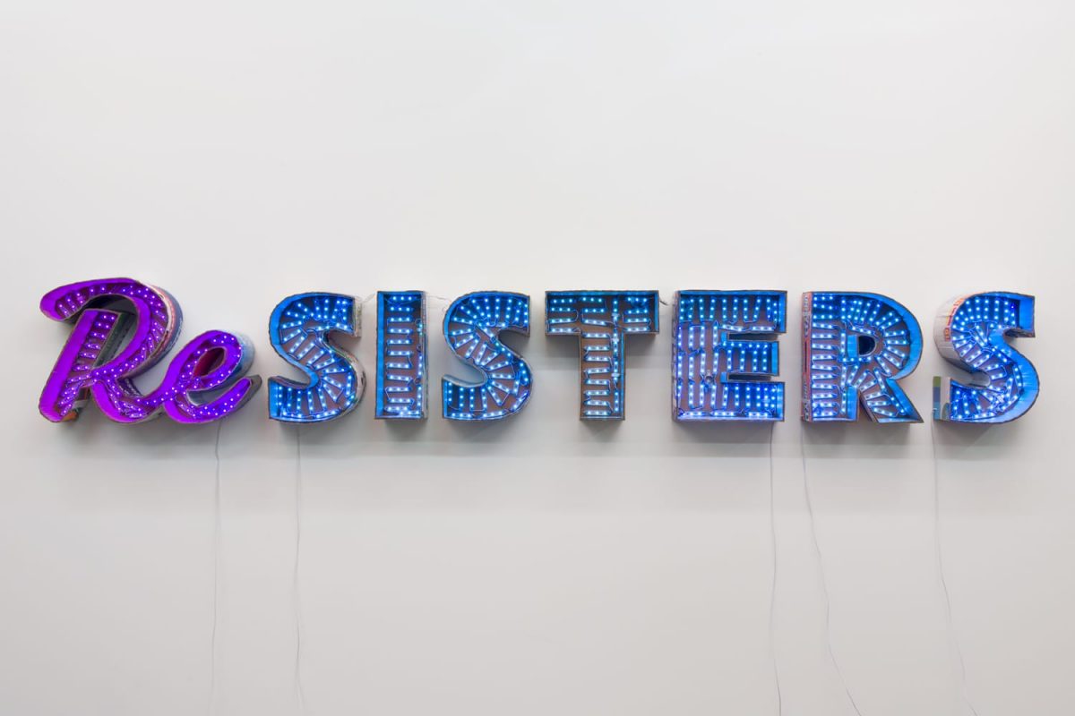 <i>resisters</i>, 2017 
</br>
cardboard and color changing led lights, 48,3 x 317,5 x 15,2 cm / 19 x 125 x 6 in>