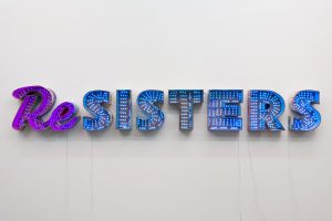 <i>resisters</i>, 2017 
</br>
cardboard and color changing led lights, 48,3 x 317,5 x 15,2 cm / 19 x 125 x 6 in