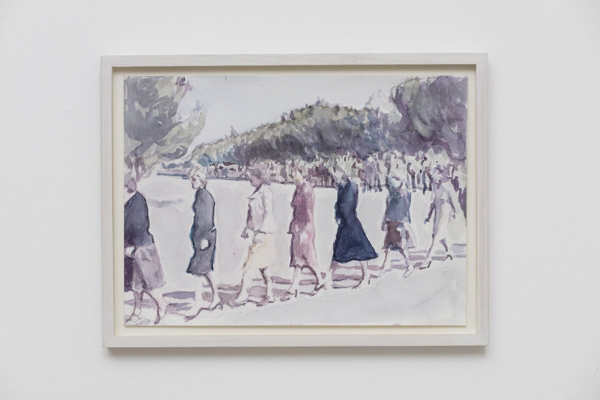 <i>the procession</i>, 2017
</br>
framed watercolors on paper, 33 x 43 x 5 cm / 13 x 16.9 x 2 in >