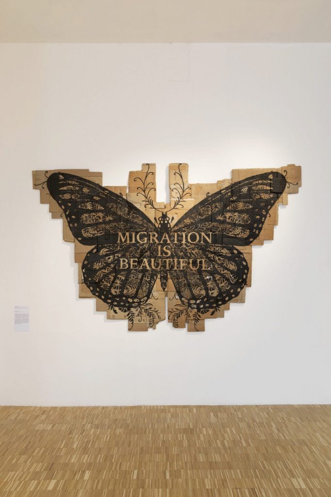 <i>papillon monarque (migration is beautiful)</i>, 2017 
</br> 
marker on found cardboard, 204 × 352 cm / 80.3 x 138.6 in
</br>
installation view, la triennale di milano, milan>